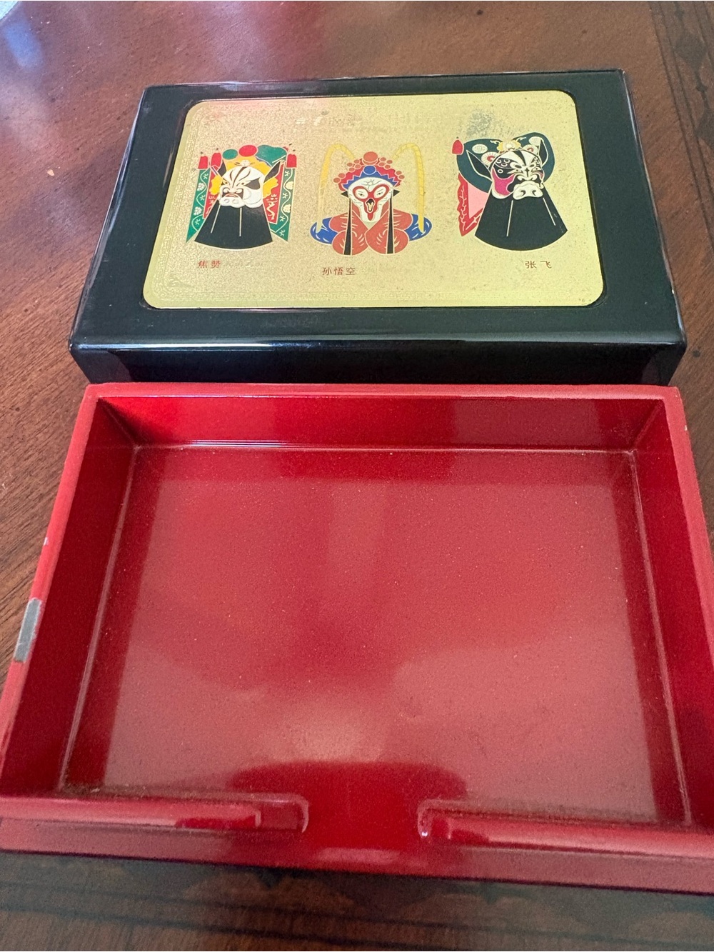 Vintage Red Lacquer Trinket Box with Peking Opera Motif